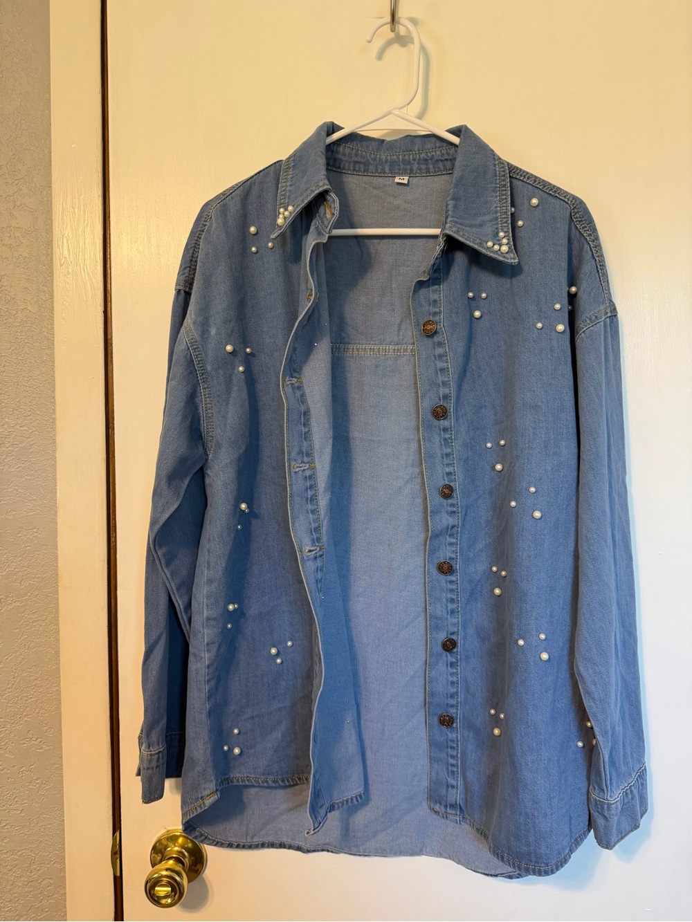 Amazon Light Blue Pearl-Studded Denim Shirt Jacket
